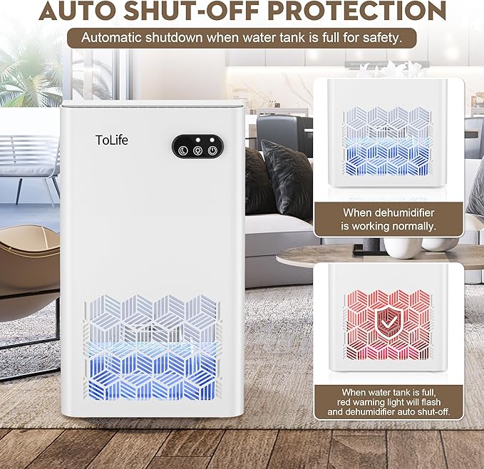 ToLife Dehumidifier for Home, 1000 sq.ft Dehumidifiers for Basement Bedroom Bathroom with 95 OZ Water Tank, Auto Shut Off 7 Colors LED Light, White Black