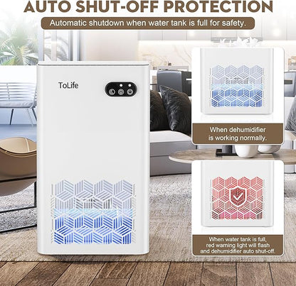 ToLife Dehumidifier for Home, 1000 sq.ft Dehumidifiers for Basement Bedroom Bathroom with 95 OZ Water Tank, Auto Shut Off 7 Colors LED Light, White Black