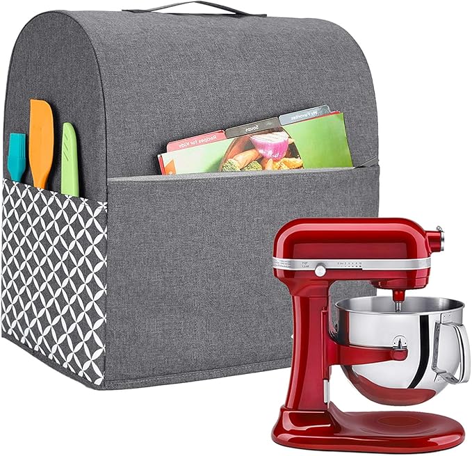 Yarwo Stand Mixer Cover Compatible with 6-8 Quart KitchenAid Mixer, Protective Dust Cover with Top Handle and Pockets for Accessories, Gray with Grid