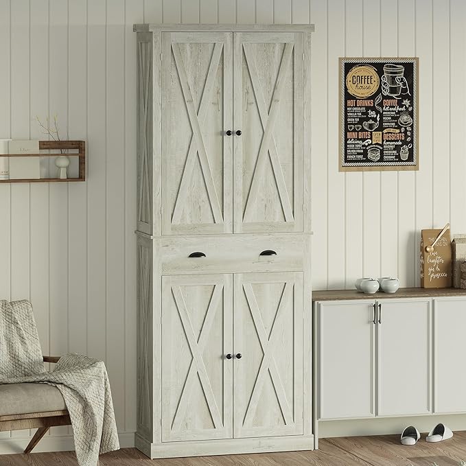 IRONCK Kitchen Pantry Storage Cabinet 83.9" H, with Barn Doors, Drawer, 4 Adjustable Shelves, Freestanding Cupboard for Dining Room Living Room, Laundry, Rustic Maple