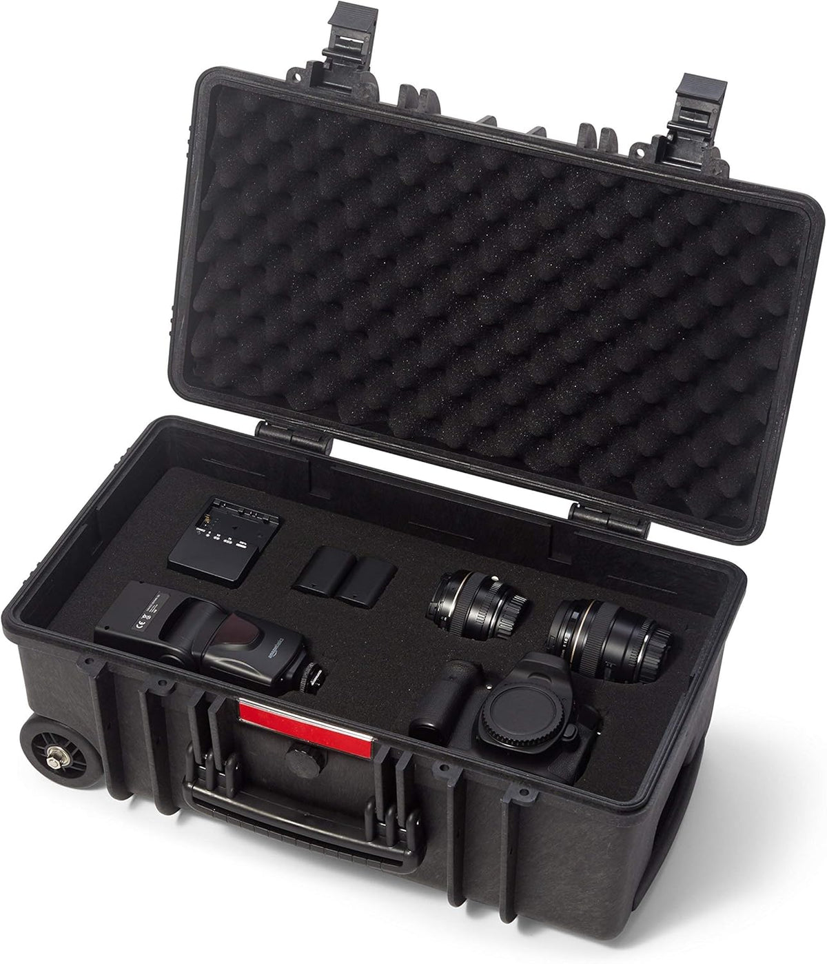Amazon Basics Hard Camera Case with Wheels, Large, Black, Solid, 22"L x 14"W x 9.8"H
