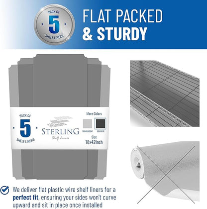 Shelf Liners for Wire Shelf System: Set of 5 in Graphite: 18 x 42 inch: Plastic Wire Shelving Shelf Mats