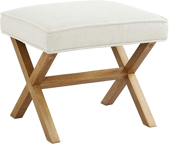 Amazon Basics Small Ottoman Foot Rest, Mid-Century Modern X Square Polyester Foot Stool, Linen, Ivory White, 18"D x 19.8"W x 18.3"H (Previously Rivet Brand)