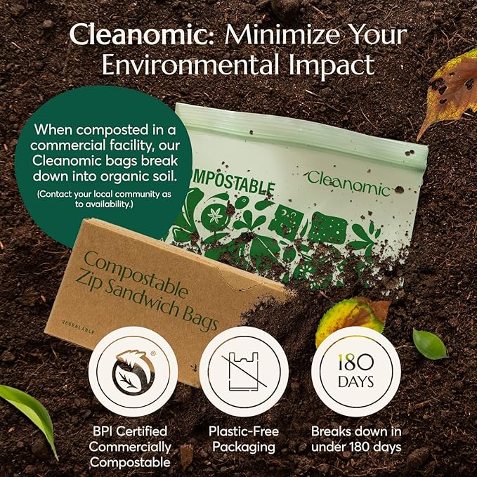 Cleanomic Compostable* Sandwich Size Food Storage Bags (25 Eco Zip) Freezer and Leak Proof, Also Available Gallon, Quart and Snack Size Bags