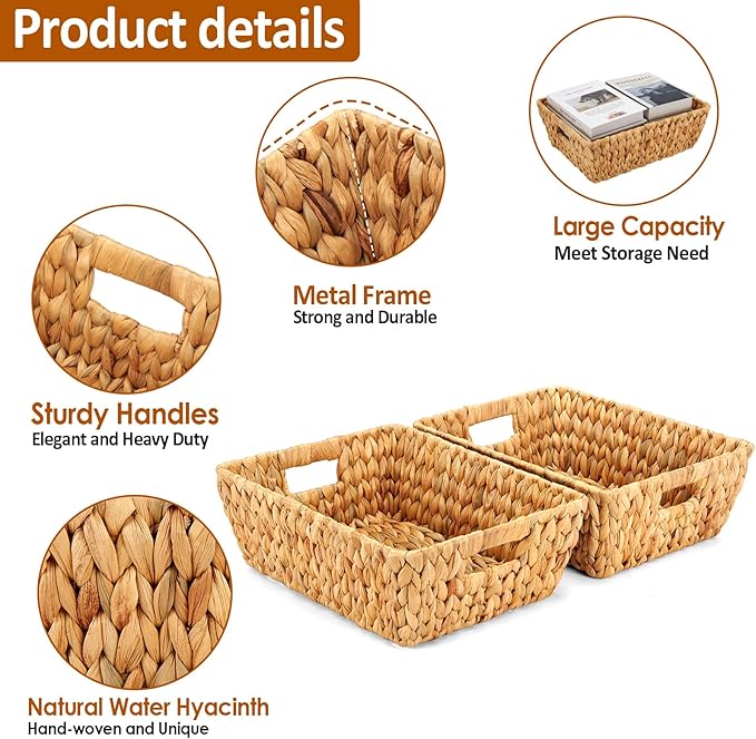 Water Hyacinth Wicker Baskets 2 Pack, Large Storage Basket With Handles for Organizing, Handmade Natural