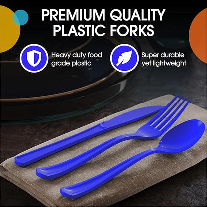 Party Solids Dark Blue Plastic Silverware Heavy Duty 300 Pcs Dark Blue Plastic Cutlery Sets, Utensil Sets, 100 Of Each Forks, Knives & Spoons Disposable Cutlery Set, Flatware Set For Party Supplies