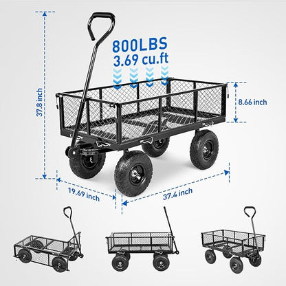 Yesker Steel Garden Carts - 800lbs Dump Wagon with All Terrain Inflatable Wheels for Yard Lawn Farms Gardening - Heavy Duty Utility Outdoor Hauling Wheelbarrow