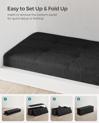 SONGMICS MAZIE Collection - 43 Inches Folding Storage Ottoman Bench, Ottoman Foot Rest, End of Bed Bench, Storage Chest, Load 660 lb, for Living Room, Bedroom, Entryway, Ink Black ULSF077B01
