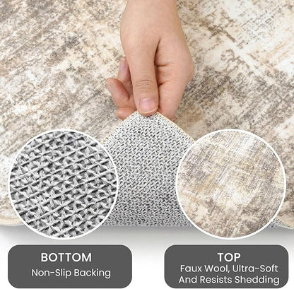 IOHOUZE Abstract Area Rugs 9x12 Ft Washable Large Rugs for Living Room, Non Slip Dining Room Rug, Printed Faux Wool Rugs for Bedroom, Floor Carpet for Office Nursery Playroom, Beige Brown