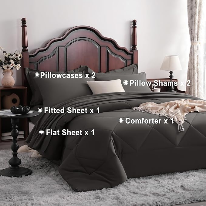NTBAY Queen Comforter Set with Sheets, 7 Pieces Soft and Breathable Queen Bedding Set, Bed in a Bag, Down Alternative Comforter Set Solid Color All Season, Queen Bedding Set, Dark Grey