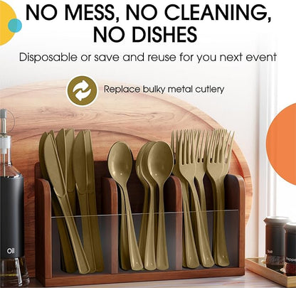 Party Solids Gold Plastic Silverware Heavy Duty 300 Pieces Gold Plastic Cutlery Sets, Utensil Sets, 100 Of Each Forks, Knives & Spoons Disposable Cutlery Set, Flatware Set For Party Supplies