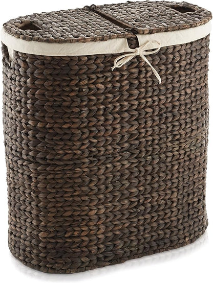 Casafield Oval Laundry Hamper with Lids and Removable Liner Bags - Espresso, Woven Water Hyacinth 2-Section Laundry Basket Sorter for Clothes and Towels