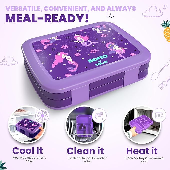 YOLAY Bento Box for Kids Lunch Box Leak-Proof, 5-Compartment Lunch Box Kids for Ages 3-10, Durable with Anti-Slip Base, Suitable for Schools, Outdoor and Travel (Mermaid)