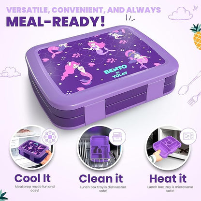 YOLAY Bento Box for Kids Lunch Box Leak-Proof, 5-Compartment Lunch Box Kids for Ages 3-10, Durable with Anti-Slip Base, Suitable for Schools, Outdoor and Travel (Mermaid)