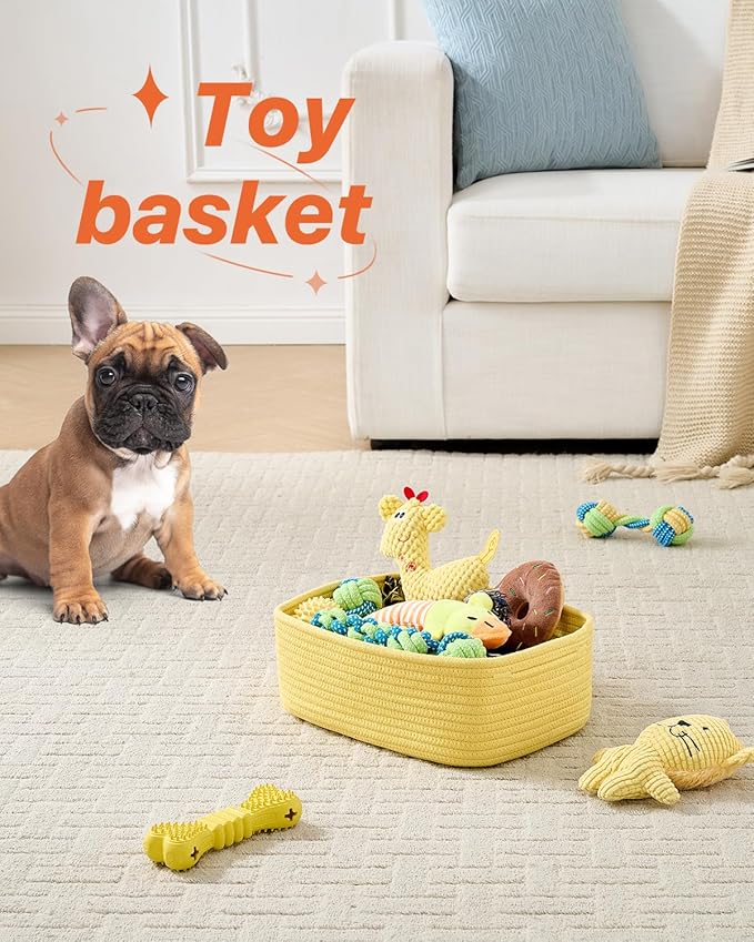 Small Woven Basket, 12 x 8 x 4.5 Inches, Storage Basket for Organizing, Cute Small Rope Shelf Closet Cube Storage Bins Baskets for Shelves, Dog Toy Gift Baskets Empty, 3 Pack Yellow