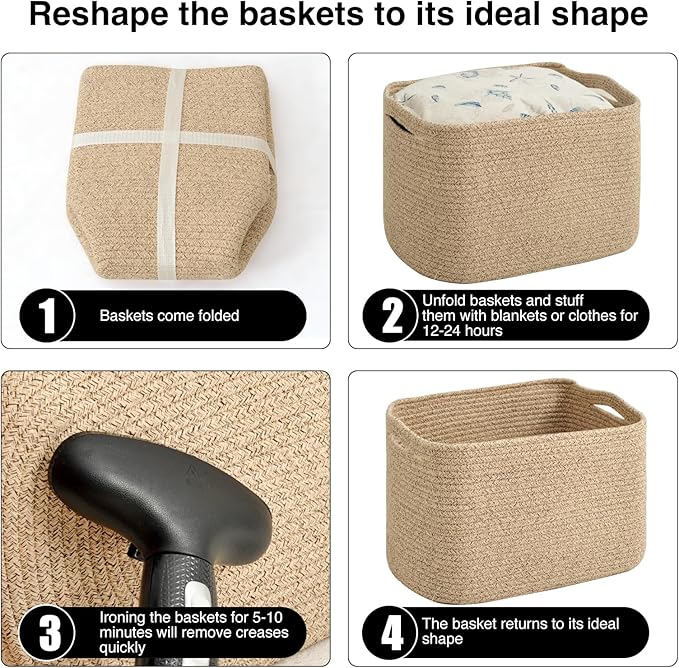Storage Baskets for Organizing & Shelves, Woven Cotton Rope Organization Bins for Dog Toys, Clothes, Books, Nursery Organizer, 15" Lx11''Wx9.5''H, (4 Packs) Brown