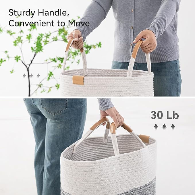 95L Striped Laundry Hamper with Leather Handles ,Large Foldable Laundry Basket for Clothes,Cotton Rope Storage Bin for Blankets,Woven Clothes Basket for Bedroom,Gray Stripes