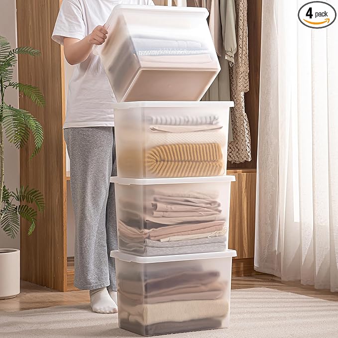 27 Quart Stackable Plastic Storage Bins with Lids,Container to Organize Shoes and Crafts on Closet Shelves,Garage, Totes, Tubs Boxes Organizing 4 Pack (4XL)