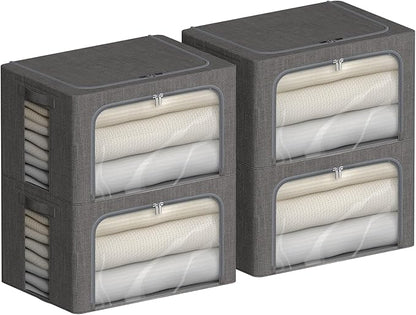 4 Pack Clothes Storage Bins with Metal Frame - Linen Fabric Foldable Stackable Container Organizer Set with Clear Window & Carry Handles & Zippers (Dark Gray, 15.7"x11.8"x7.8")