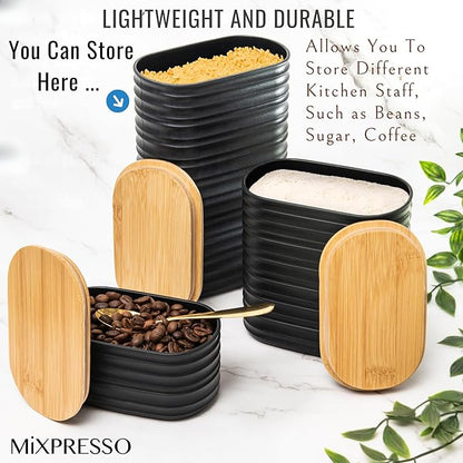 Mixpresso Black Canisters Sets for the Kitchen – 3-Piece Airtight Plastic Sugar Container Set with Bamboo Lids in Three Different Sizes – Decorative Modern Storage Jars for Coffee, Tea & Countertops