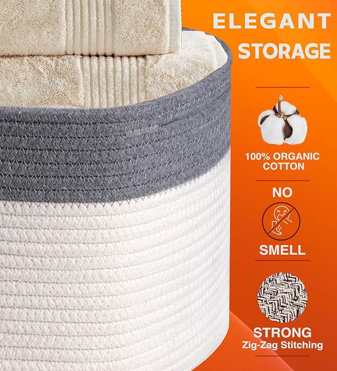 CHAT BLANC Cotton Rope Baskets for Organizing | Storage Baskets for Shelves | Rope Basket for Storage, Small Laundry Baskets, Woven Baskets for Storage, Dog Toy Bin, Baby Basket,Dark Gray&White 3 Pack