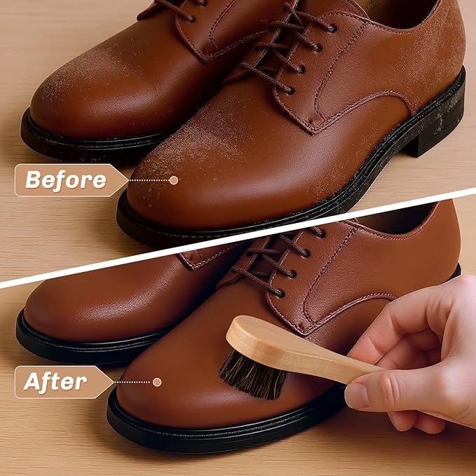 2 Pcs Horsehair Shine Shoes Brush Kit Polish Dauber Applicators Cleaning Leather Shoes Boots Care Brushes Suede Cleaner Brush(Wooden Long Handle)