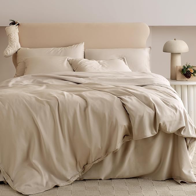 Double Stitch Cotton Tencel Duvet Cover - King Size Comforter Cover, Luxury & Soft Eucalyptus Lyocell Bedding Set for Hot Sleepers, Cooling & Breathable, Button Closure, Sandstone, 106"x90"