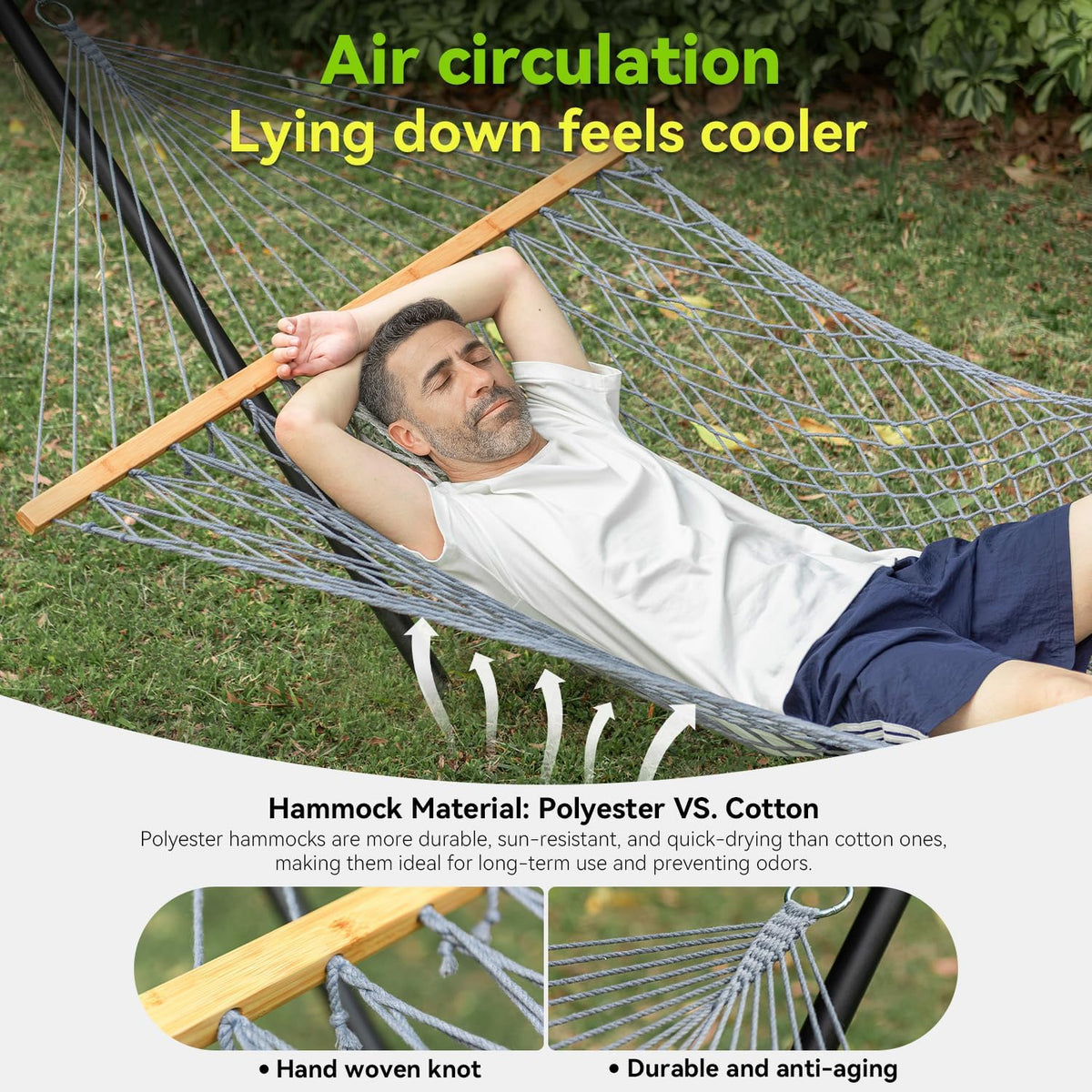 Double Hammock for 2 Person, Handwoven Cotton Rope Hammock with Spreader Bar Without Stand - Indoor & Outdoor Use for Patio, Poolside, Backyard (Grey)