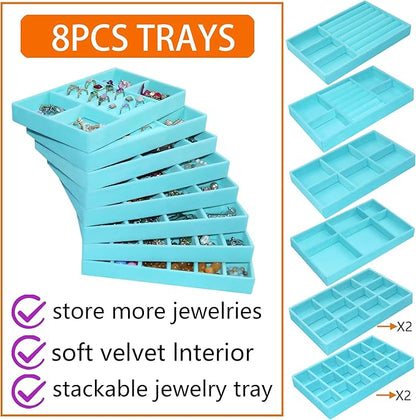 8 Pcs Velvet Jewelry Tray Stackable Jewelry Drawers Organizer Trays Rings Earrings Bracelet Organizer (8.2" x 5" x 1")