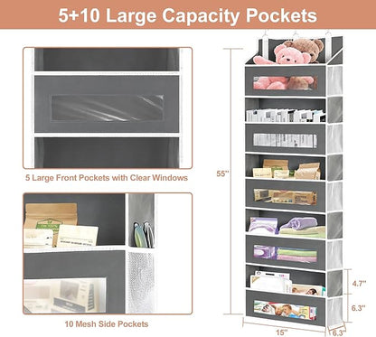 2 Packs 5-Tier Over The Door Organizer with 10 Side Mesh Pockets, 48 lbs Load Capacity, 3 Hooks Design, Hanging Organizer with Clear Windows for Bathroom, Bedroom, Nursery, Kitchen-Grey