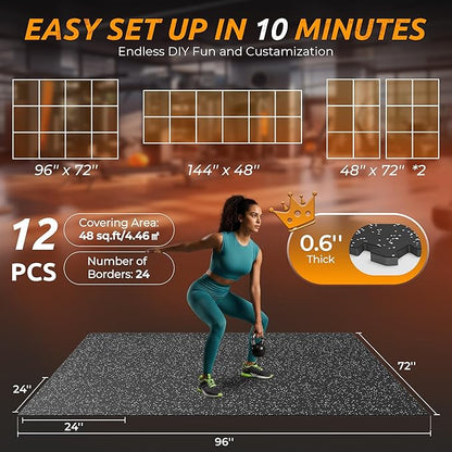 PRAISUN 0.6" Thicker Gym Mat, 12 Tiles 48 Sq Ft Workout Mats, Interlocking Foam Tiles with Rubber Top, High Density EVA Foam, Exercise Mat, Gym Flooring for Home Gym, Garage, 24 x 24in, Black/Grey