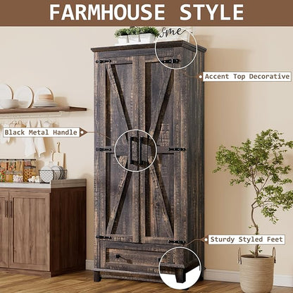 Farmhouse Kitchen Pantry Cabinet, 72" Tall Storage Cabinet with Adjustable Shelves & Barn Doors, Freestanding Kitchen Cupboard for Dining Room, Living Room, Dark Rustic Oak