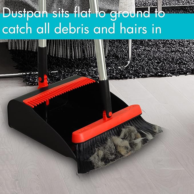 PHYEX 2-Pack Broom and Dustpan Combo Set, with 48" Adjustable Long Stainless Handles, Stand Up Dustpan with Self-Cleaning Teeth, Ideal for Home, Office, Kitchen, Indoor & Outdoor Use, Black