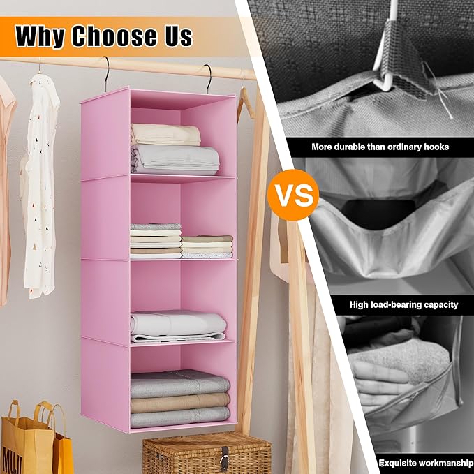 Hanging Closet Organizer, Easy Mount Foldable 4-Shelf Hanging Closet Wardrobe Storage Shelves, Clothes Handbag Shoes Accessories Storage, Washable Oxford Cloth Fabric, Pink