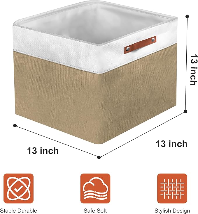 13in Open Fabric Storage Basket with Leather Handles for Organizing, Collapsible Linen Closet Bins for Shelves, Closets, Laundry, Decorative Basket for Gifts. (White＆Khaki, 2PCS/13x13in)