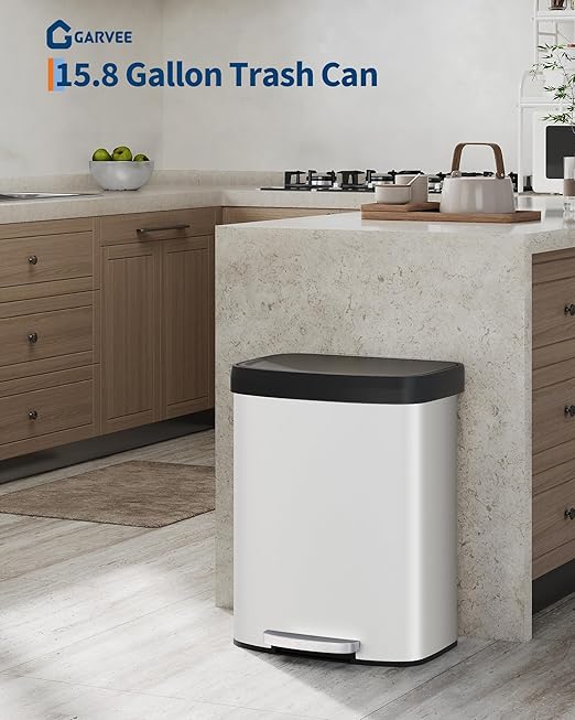 16 Gallon (60 l) Trash Can, Stainless Steel Kitchen Garbage Can, Recycling or Waste Bin with Liner Rim, Rear Handle, Soft Close Plastic Lid Step-on Pedal, Removable Inner Bucket