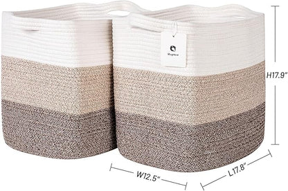 Storage Baskets for Clothes Fabric Cotton Rope Storage Basket with Handles, Decorative Woven Basket for Living Room,Closet Organizer Blankets, and 2bags (Gradient Brown, L17.8×W12.5×H17.9)