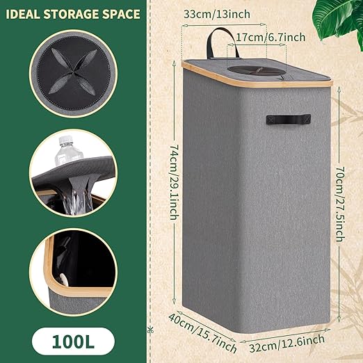 Recycling Bin for Kitchen 26 Gallon 100L Recycle Bin with Lid Removable Tote Bag Large Recycling bin with lid for Bottle Can Kitchen Recycling Bin (Light Gray)