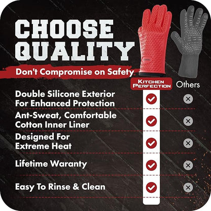 KITCHEN PERFECTION XL Silicone Smoker Oven Gloves-Extreme Heat Resistant BBQ Gloves-Handle Hot Food Right on Your Grill Fryer&Pit|Waterproof Grilling Cooking Baking Mitts|Superior Value Set+3 Bonuses