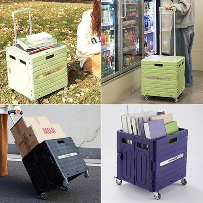 Folding Utility Cart Portable Rolling Crate Handcart Foldable Shopping Trolley Collapsible, with Lid, on Wheels, for Grocery, Garden, Office, Storage, Teacher, Tool (Green)