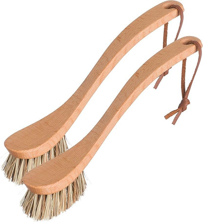 REDECKER Curved Dish Brush, Natural Union Plant Fiber Bristles, Ergonomic Design with Oiled Beechwood Handle, 9-1/4 Inches, Set of 2, Made in Germany - Natural Bristle Dish Brush