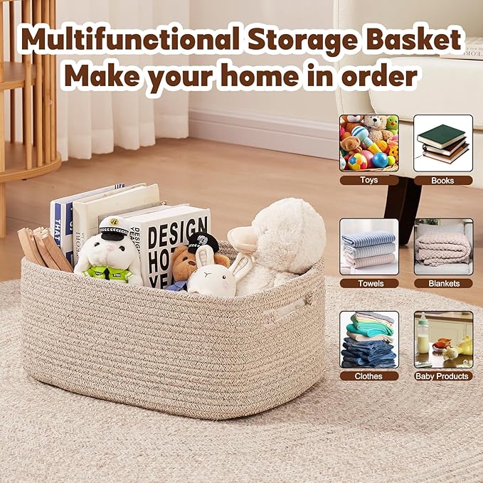 OIAHOMY Storage Basket for Shelves, Closet Cube Storage Bins Baskets for Clothes Blanket Towels, Baby Nursery, Toy Box, Woven Rope Basket, 15.75*11.81*7.09 IN, 2 Packs Brown