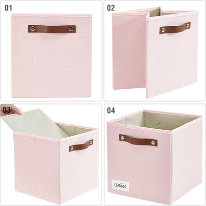 Collapsible Fabric Storage Cube Bins with 2 Reinforced PU Handles, Foldable Storage Organizer Baskets for Closet, Shelves, Living Room | 11"x11"x11", 4 Pack, Full Pink