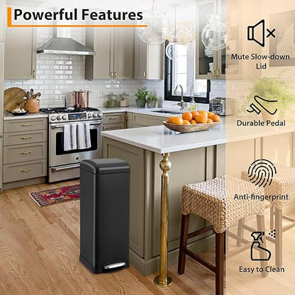 TrailBlaze 8Gallon / 30l Kitchen Trash Can, Stainless Steel Rectangular Pedal Recycle Bin with Soft-Close Lid, Removable Inner Bucket, Fingerprint-Proof, Step Trash Can for Home, Kitchen