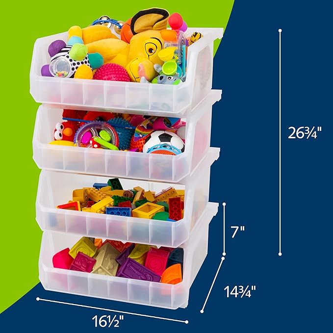 Plastic Containers for Organizing and Storage Bins for Closet, Kitchen, Office, Garage or Pantry Organization, Stackable Bins, Extra Large (14.8" x 16.5" x 7"), 4-Pack, Clear