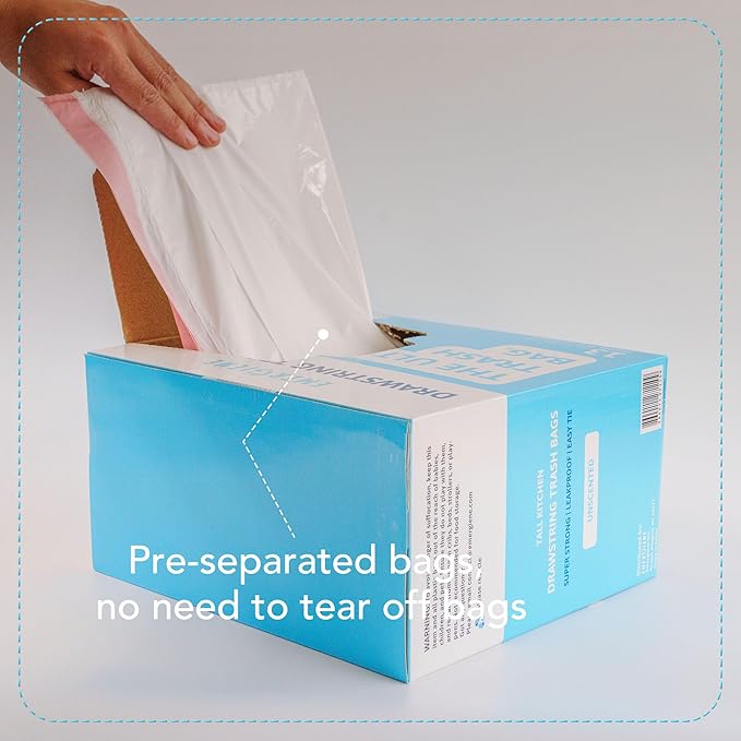 13 Gallon Drawstring Trash Bags, Unscented 200 Count Tall Kichen Garbage Bags, Pre-Separated, Ultral Strong, Leakproof, Sturdy, White