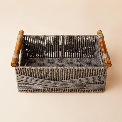 LA JOLIE MUSE Wicker Storage Baskets for Organizing, Recyclable Paper Rope Basket with Wood Handles, Decorative Hand Woven Basket Organizers for Makeup Books Shelves Living Room, Grey, Set of 2