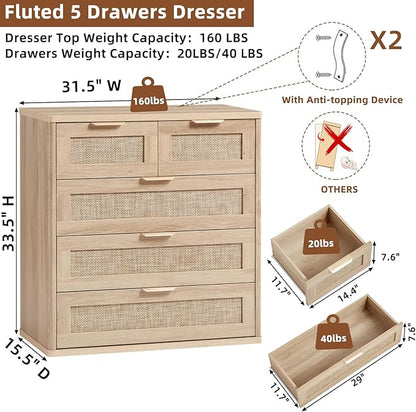 LEYAOYAO Rattan Dresser for Bedroom Set of 2, 33.5" Tall Chest of Drawers, Modern 5 Drawers Boho Dressers with Storage, Light Oak Dresser Wooden Closet Organizer for Living Room, Hallway, Natural Wood