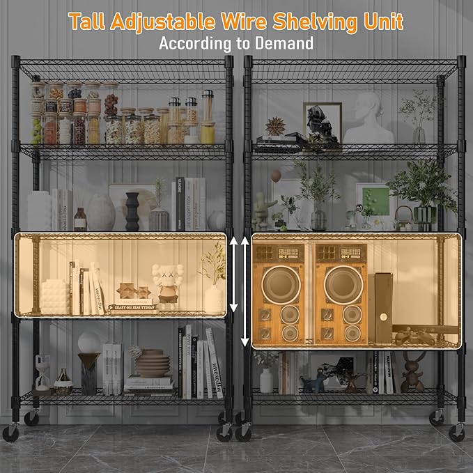 Himimi 5-Tier Heavy Duty Steel Wire Rack Storage Shelving, Adjustable Metal Storage Shelves with Wheels, 82''H Wire Shelf for Kitchen Garage Basement Pantry Organization, 18" D×36" W×82" H-Black