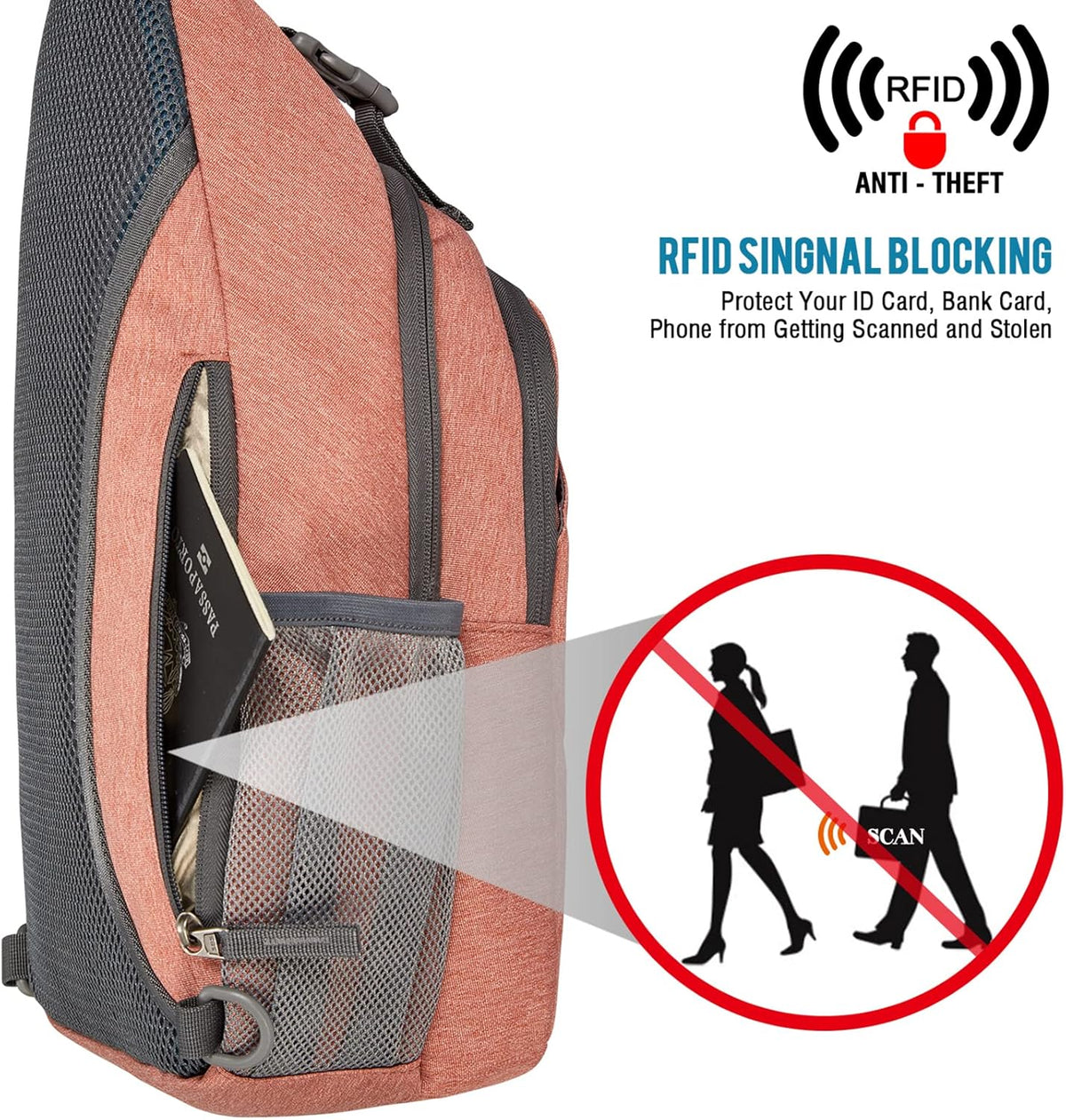 G4Free Sling Bag RFID Blocking Sling Backpack Crossbody Chest Bag Daypack for Hiking Travel(Light orange)